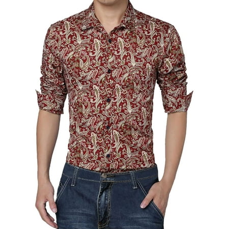 Men Long Sleeve Button Down Front Paisley Casual Cotton Hawaiian Shirt